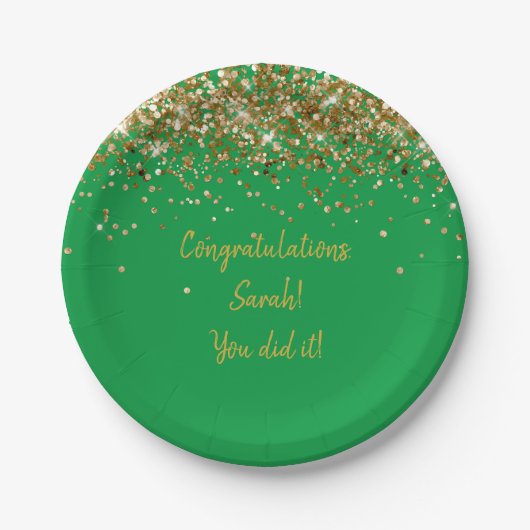 Glitzer von Custom Green and Gold Graduation Party Pappteller (Vorderseite)