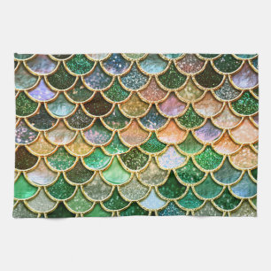 Glitzer von grünen Metallfolien, Goldverkleidungen Küchentuch