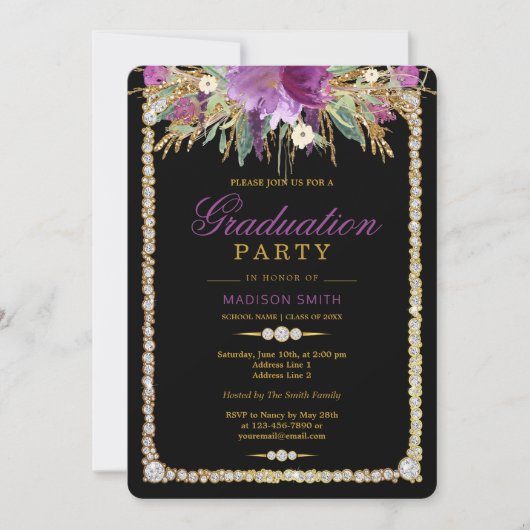 Glitzer Wasserfarbe Blume Diamonds Grad Party Einladung (Vorderseite)