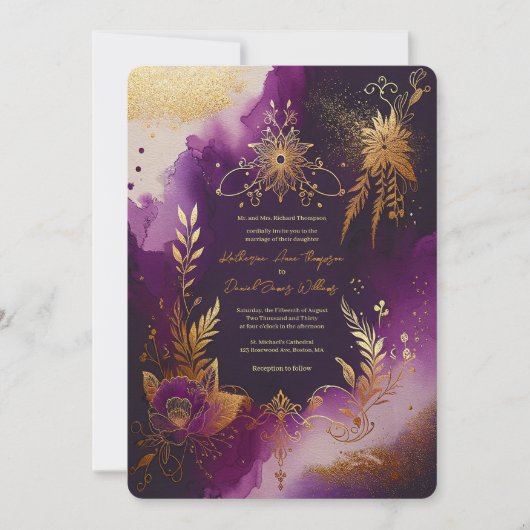 Glitzer Watercolor Lila und Goldblumenhochzeit Einladung (Vorderseite)