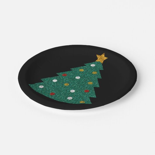 Glitzer Weihnachtsbaum Pappteller (Schrägansicht)