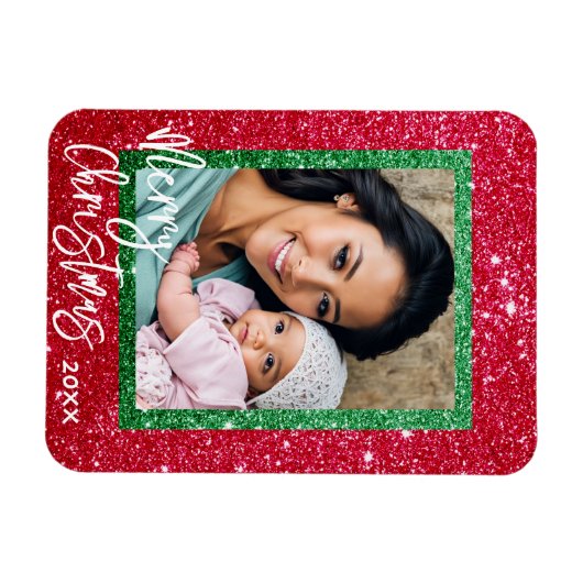 Glitzer Weihnachtskarte - Personalisiertes Foto Magnet (Horizontal)