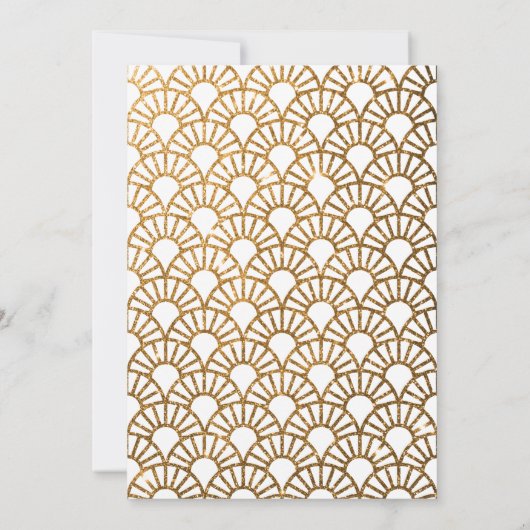 Glitzer Weiß und Gold Art Deco Fan Wedding Einladung (Rückseite)