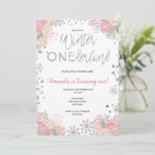 Glitzer Winter ONEderland Schnee Einladung zum Geb (Stehend Vorderseite)