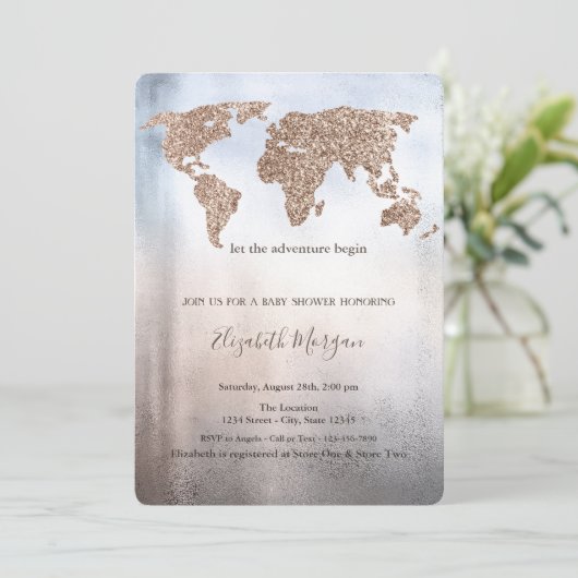Glitzer World Map Metallic Baby Shower Einladung (Stehend Vorderseite)