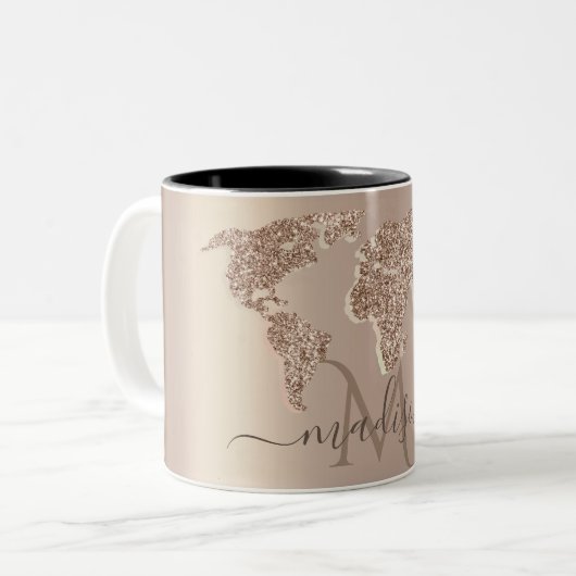 Glitzer World Map Travel Monogram Zweifarbige Tasse (Vorderseite Links)