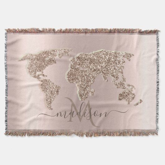 Glitzer World Map Travel Rose Gold Monogramm Decke (Vorderseite)