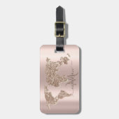 Glitzer World Map Travel Rose Gold Monogramm Gepäckanhänger (Vorderseite vertikal)