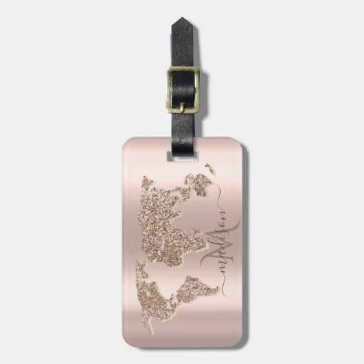Glitzer World Map Travel Rose Gold Monogramm Gepäckanhänger (Vorderseite vertikal)