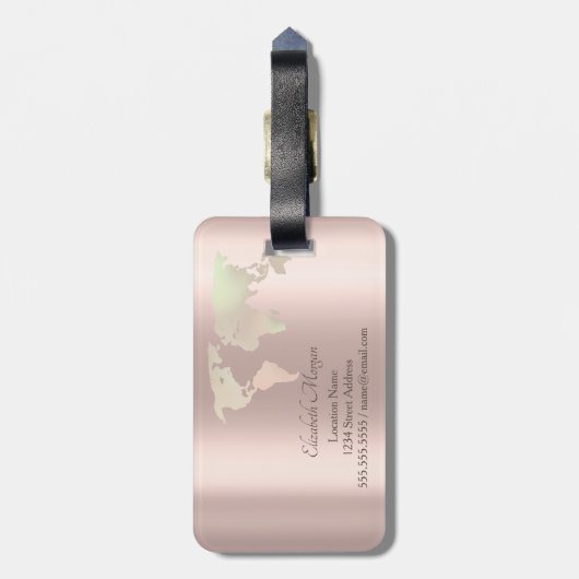 Glitzer World Map Travel Rose Gold Monogramm Gepäckanhänger (Rückseite vertikal)