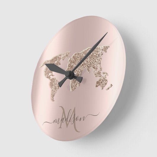 Glitzer World Map Travel Rose Gold Monogramm Runde Wanduhr (Winkel)