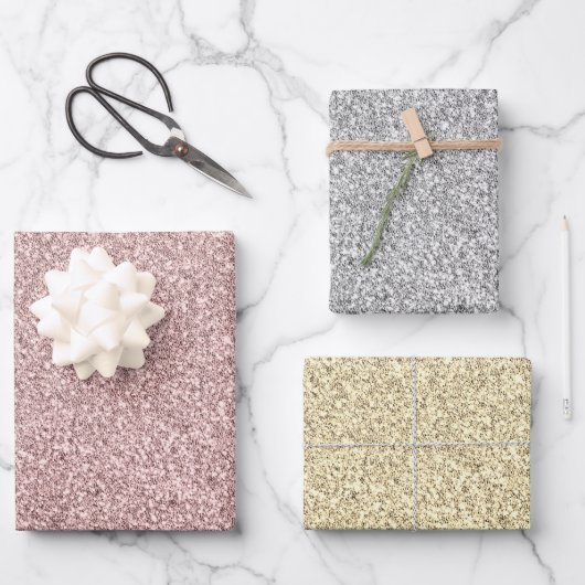 Glitzer-Wrapping-Papier Flachblech Set von 3 Geschenkpapier Set (Vorderseite)
