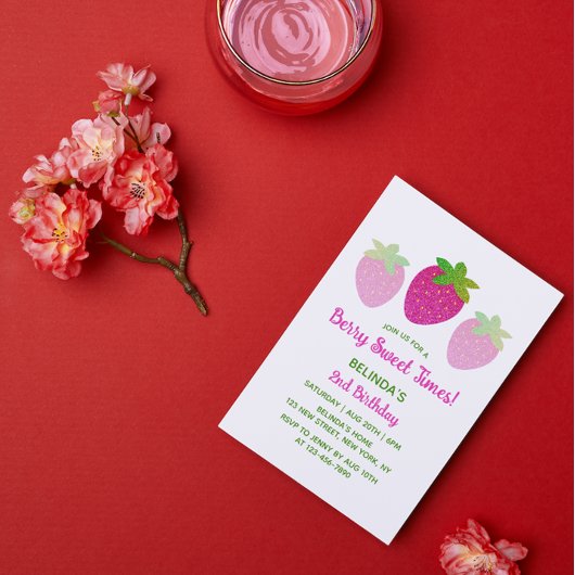 Glitzer Y2K Rosa Erdbeere 2. Geburtstag Einladung