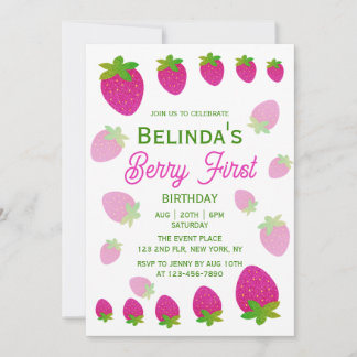 Glitzer Y2K Strawberry Berry Erster Geburtstag Einladung