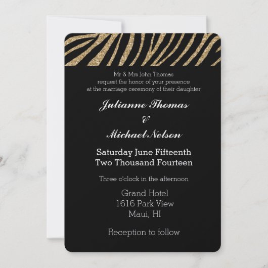 Glitzer Zebra Print Wedding mit Black and Gold Imi Einladung (Vorderseite)