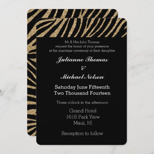 Glitzer Zebra Print Wedding mit Black and Gold Imi Einladung (Vorne/Hinten)