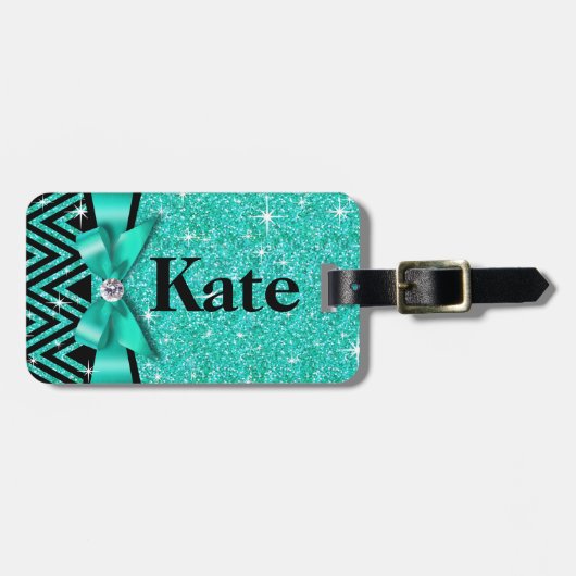 Glitzer Zickzack Bling Diamant-Bogen | aquamarin Gepäckanhänger (Vorderseite horizontal)