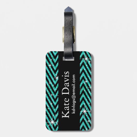 Glitzer Zickzack Bling Diamant-Bogen | aquamarin Gepäckanhänger (Rückseite vertikal)