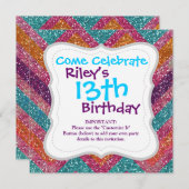 Glitzer Zickzack Rosa Lila Orange Aquamarin Einladung (Vorne/Hinten)