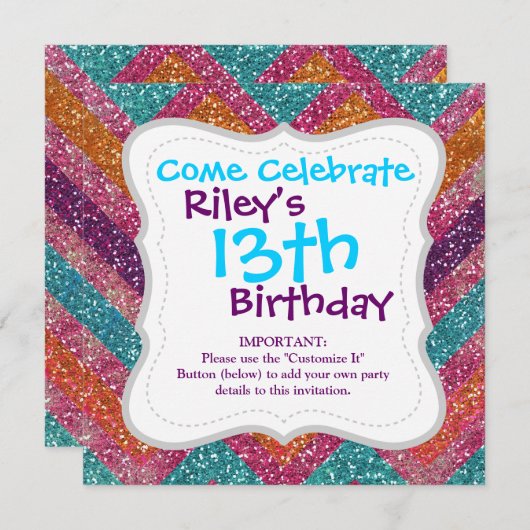 Glitzer Zickzack Rosa Lila Orange Aquamarin Einladung (Vorne/Hinten)