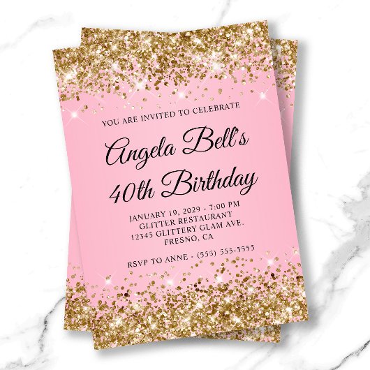 Glitzergold Rosa Fancy Monogramm 40. Geburtstag Einladung