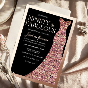 Glitzerkleid 90. Geburtstagsfeier Schwarz Roségold Folieneinladung