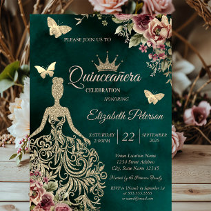 Glitzerkleid, Schmetterling Floral Grün Quinceañer Einladung