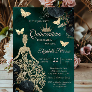 Glitzerkleid, Schmetterling Grüne Rosen Quinceañer Einladung