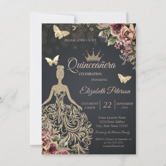 Glitzerkleid, Schmetterlings-Blumenkonfetti Einladung (Vorderseite)