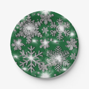 Glitzermuster mit silbergrünen festlichen Schneefl Pappteller