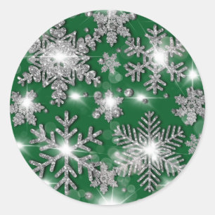 Glitzermuster mit silbergrünen festlichen Schneefl Runder Aufkleber