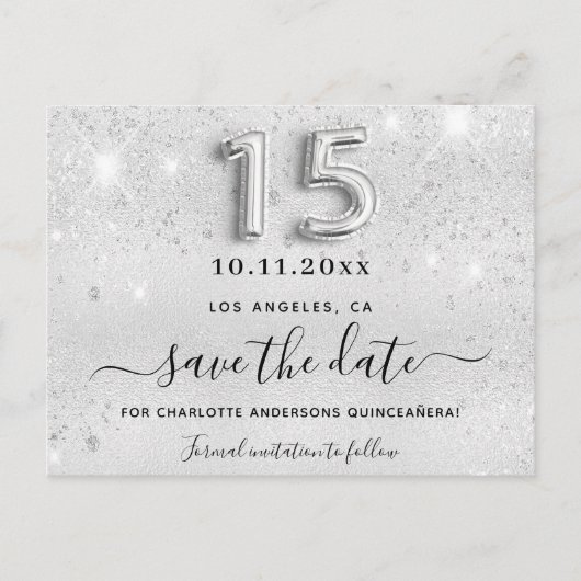 Glitzern aus silberfarbenem Quinceanera-Glitzer gl Ankündigungspostkarte (Vorderseite)