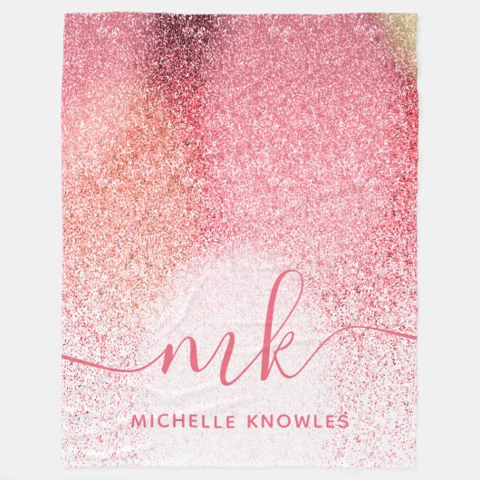 Glitzern Blush Pink Rose Mit Monogramm Script Fleecedecke (Vorderseite)