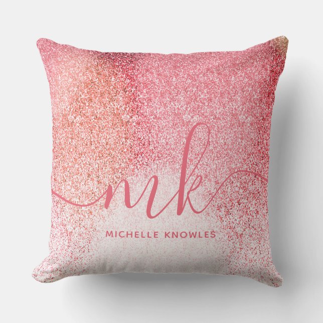 Glitzern Blush Pink Rose Mit Monogramm Script Kissen (Vorderseite)