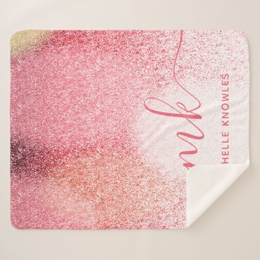 Glitzern Blush Pink Rose Mit Monogramm Script Sherpadecke (Vorderseite (Horizontal))