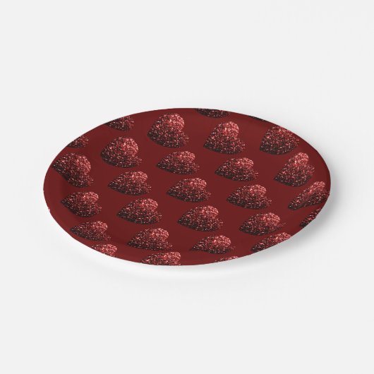 Glitzern des Herz-Glitzer-Musters dunkelrote Valen Pappteller (Schrägansicht)