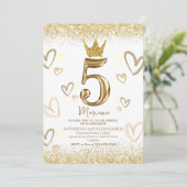Glitzern Gold Princess Crown 5. Geburtstag Einladung (Stehend Vorderseite)