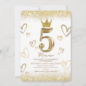 Glitzern Gold Princess Crown 5. Geburtstag Einladung (Vorderseite)
