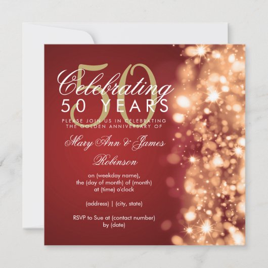 Glitzern Gold & Red zum 50. Hochzeitstag Einladung (Vorderseite)
