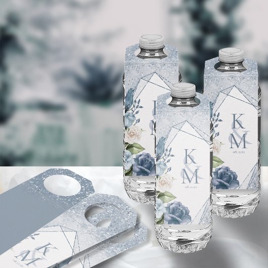 Glitzern Hochzeit Dusty Blue ID889 Flaschenanhänger