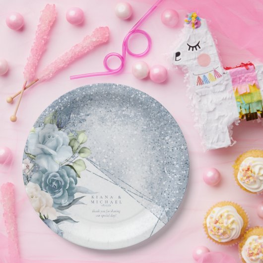 Glitzern Hochzeit Dusty Blue ID889 Pappteller (Party)