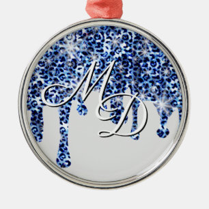 Glitzern mit Monogramm treiben Blaue Geparde Ornament Aus Metall
