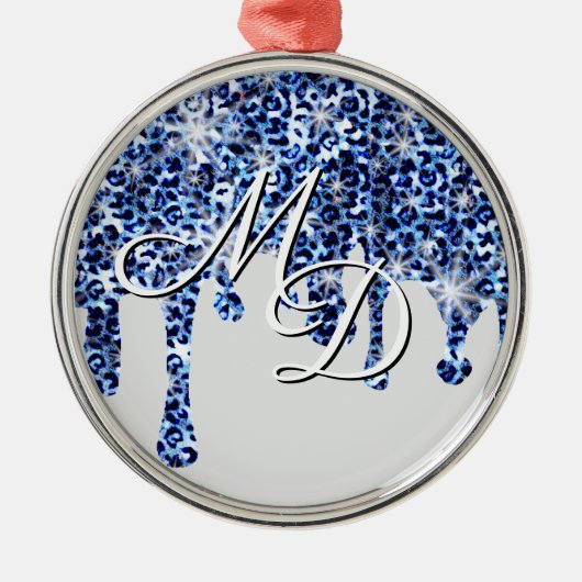 Glitzern mit Monogramm treiben Blaue Geparde Ornament Aus Metall (Vorne)