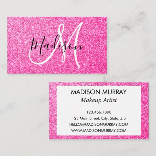 Glitzern Monogram für Girl & Glam Hot Pink Glitzer Visitenkarte (Vorne/Hinten)