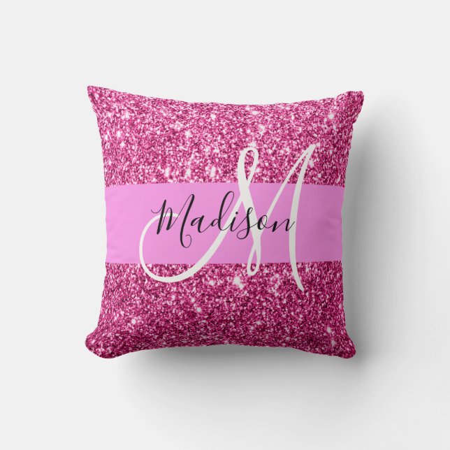 Glitzern Monogram für Girl und Glam Hot Pink Glitz Kissen (Vorderseite)