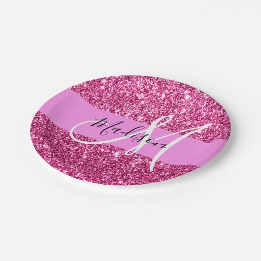 Glitzern Monogram für Girl und Glam Hot Pink Glitz Pappteller (Schrägansicht)