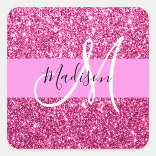 Glitzern Monogram für Girl und Glam Hot Pink Glitz Quadratischer Aufkleber