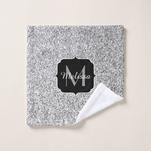 Glitzern Monogram für silbergraue helle Glitzer Badhandtuch Set (Waschlappen)