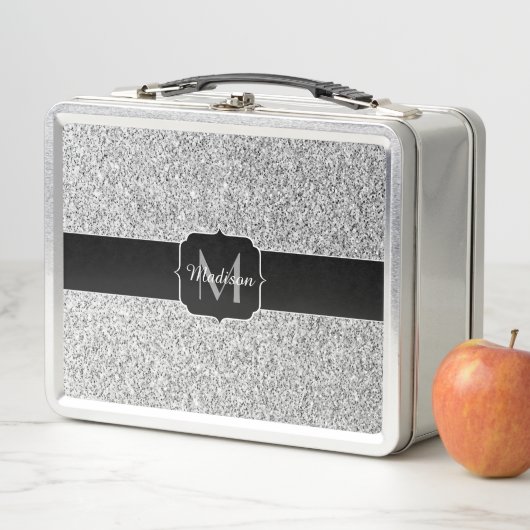 Glitzern Monogram für silbergraue helle Glitzer Metall Lunch Box (Beispiel)