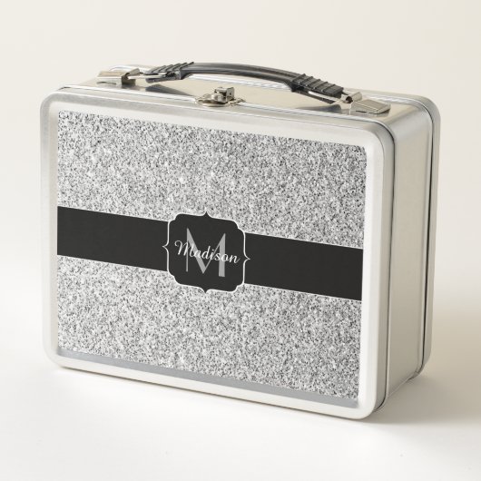 Glitzern Monogram für silbergraue helle Glitzer Metall Lunch Box (Vorderseite)
